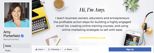 Ейми Портърфийлд има бизнес страница, която включва професионална снимка на профила и заглавна страница, която подчертава продуктите и услугите, които бизнесът й предлага.