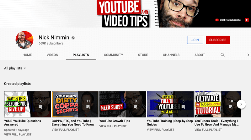 екранна снимка на главната страница на канала nick nimmin в YouTube в раздела плейлист, показващ няколко създадени плейлиста
