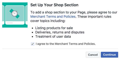 Съгласете се с Условията и политиките на търговеца, за да настроите раздела си във Facebook Shop.