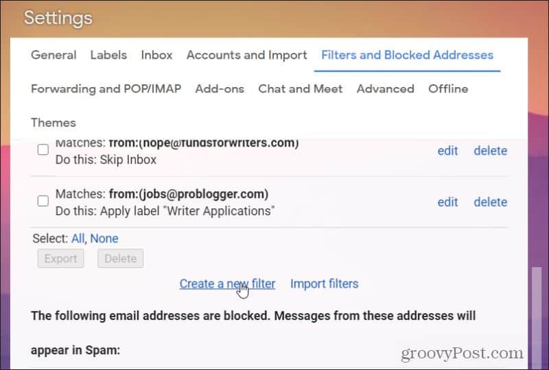 създайте нов филтър в gmail
