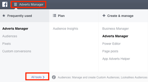 Отворете таблото за аудитории във вашия Facebook Ads Manager.