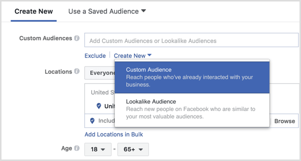 Facebook Ads Manager създава персонализирана аудитория по време на настройката на рекламата