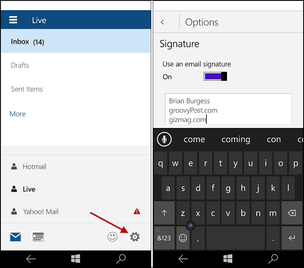 Windows 10 Mobile: Промяна на Outlook Mail Signature