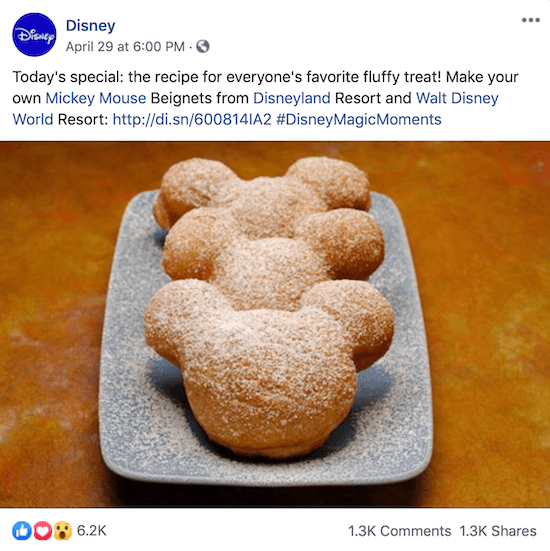 Публикация в Дисни във Facebook с линк към рецепта за beignets на Мики Маус