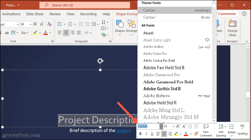 Шрифтове в лентата с инструменти в PowerPoint в Windows