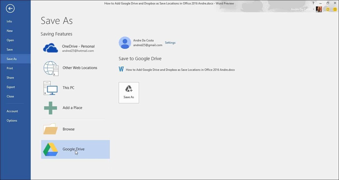 Добавете Google Drive и Dropbox като Запазване на местоположенията в Microsoft Office