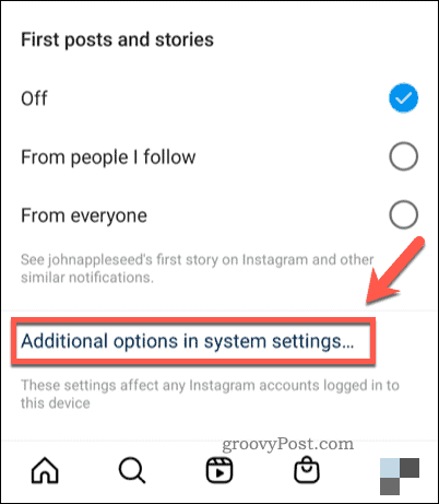 Отворете системните настройки за известия в Instagram