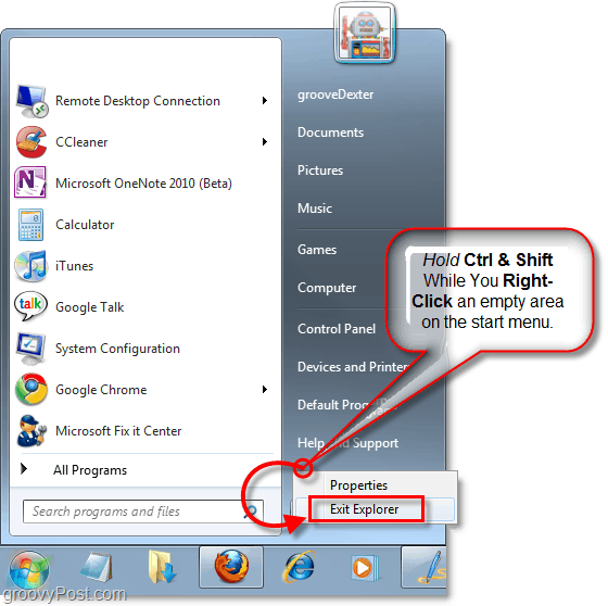 задръжте клавишите и щракнете с десния бутон върху менюто "Старт", за да излезете от Explorer в Windows 7