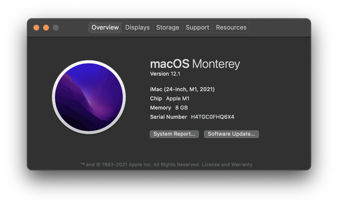 Страницата за този Mac на M1 iMac