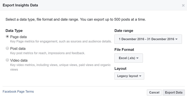 Изберете типа данни, диапазон, файлов формат и оформление за вашите данни от Facebook Insights.
