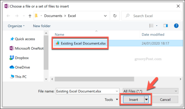 Добавяне на файл в Excel като прикачен файл в OneNote