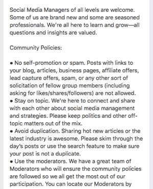Ето пример за групови правила на Facebook.