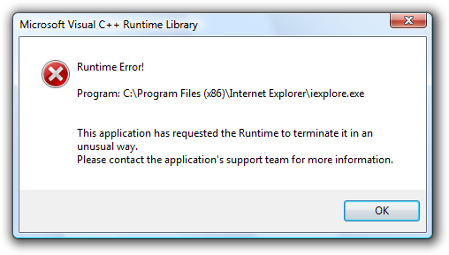 Internet Explorer 8 (IE8) Microsoft Visual C ++ Библиотека за изпълнение: Грешка по време на изпълнение!