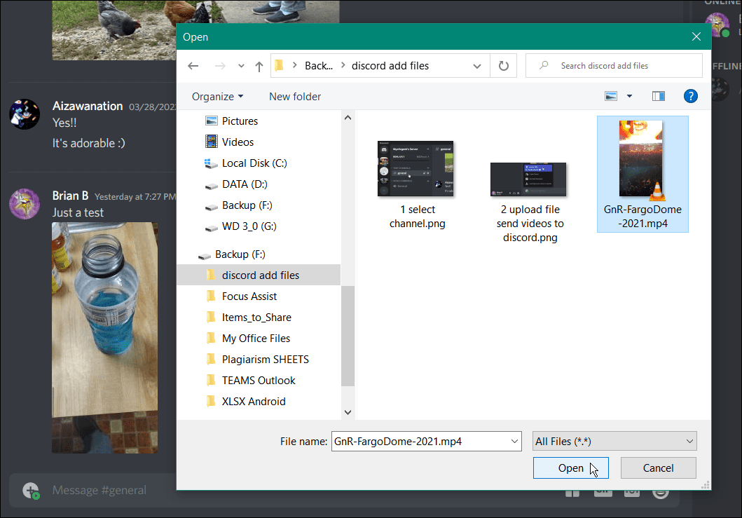 File Explorer, намиране, изпращане на видеоклипове на discord