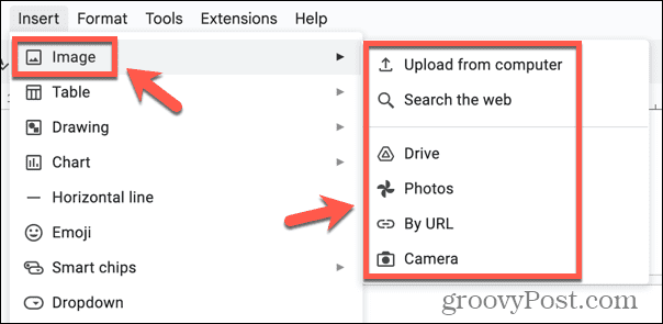 опции за вмъкване на изображение в google docs