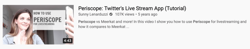 пример за видео в YouTube от @sunnylenarduzzi от „periscope: twitter's live stream app (tutorial)“, показващ 107 хиляди гледания през последните 5 години