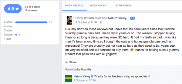 Клиент на Nature Valley оставя преглед на клиента на страницата на компанията във Facebook.