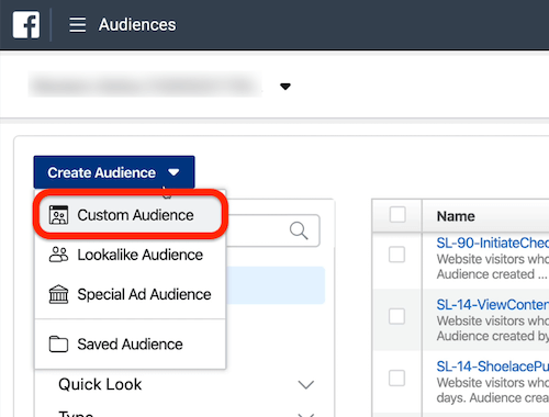 Създайте падащото меню Аудитория в секцията Аудитории на Ads Manager