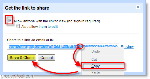 Снимка на Google Docs - копирайте връзката си, след което запазете и затворете