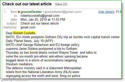 Екранна снимка на Outlook 2010 - пример за персонализиран масов имейл