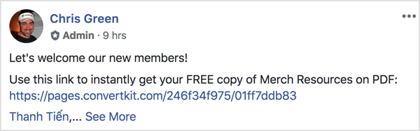 Тази публикация във Facebook приветства новите членове и им напомня да изтеглят безплатен PDF файл.