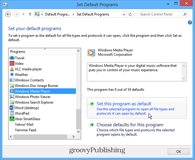Направете Windows Media Player по подразбиране в Windows 8