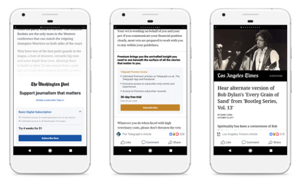 Facebook тества модели на платена стена и абонамент за незабавни статии с малка група издатели в САЩ и Европа.