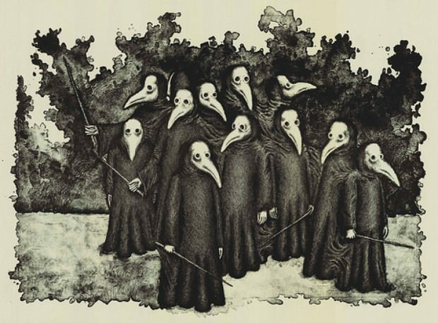 Илюстриран метод за защита от чума, който стана широко разпространен през средните векове, хората предотвратиха разпространението на бактерии с тези маски