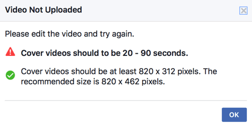 Ако вашето корично видео вече не отговаря на техническите стандарти на Facebook, няма да можете да го качите директно като корично видео на вашата страница.