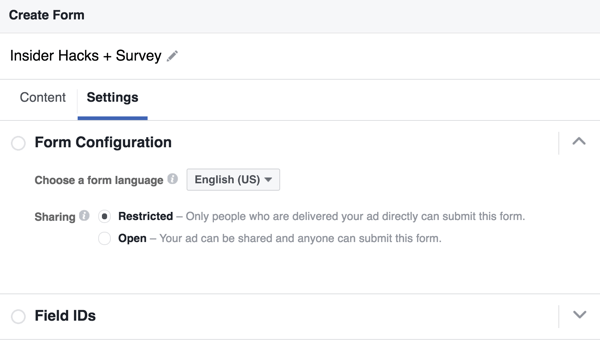 Можете да изберете език за вашия формуляр за олово във Facebook.