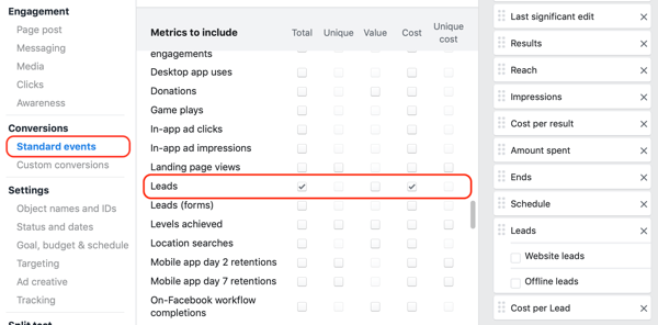 Пример за персонализиран отчет на Facebook Ads Manager за действия за водещи събития и персонализирани реализации.