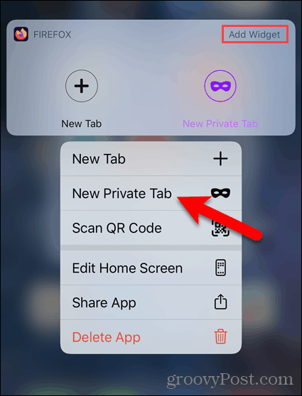 Натиснете дълго иконата на Firefox и изберете New Private Tab в iOS