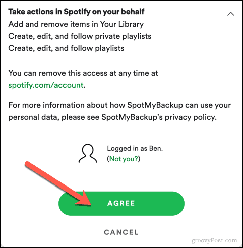 Одобряване на SpotMyBackup достъп до Spotify