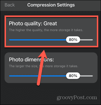 настройка за качество на приложението за компресиране на снимки