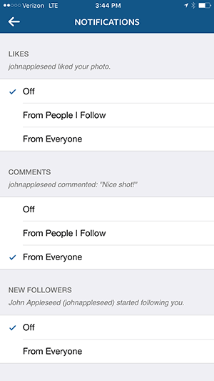 опции за известяване на приложение за iphone instagram