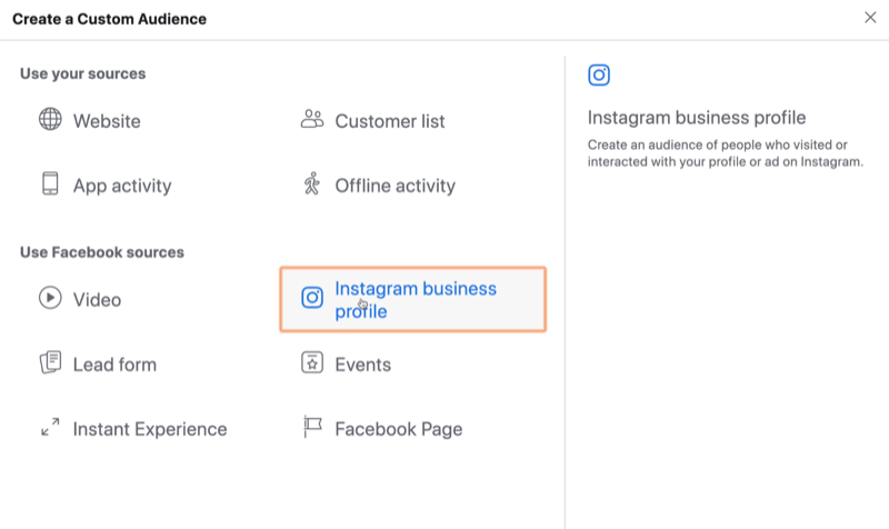 изберете Instagram Business като източник за потребителска аудитория във Facebook