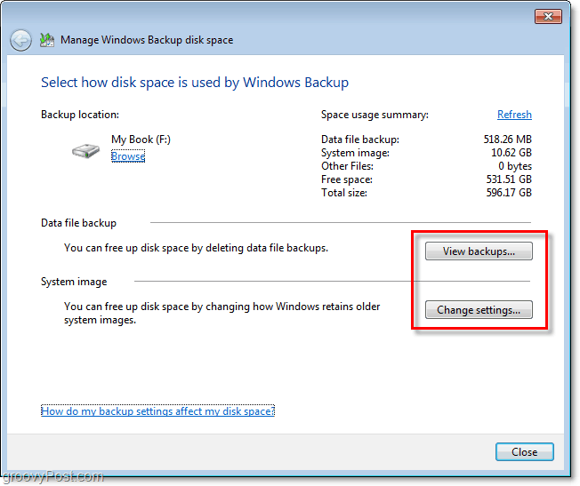 Резервно копие на Windows 7 - преглед на архивирането или промяна на настройките, за да коригирате размера