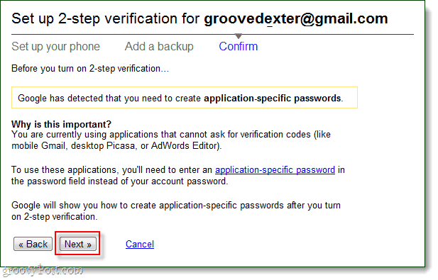 потвърдете, че ще използвате специфични за приложение пароли