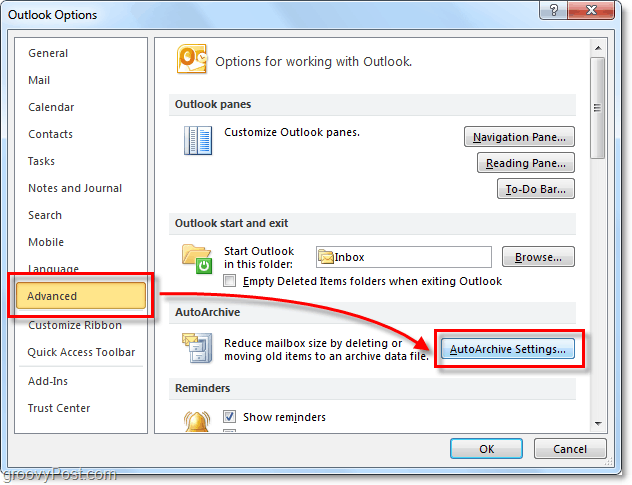 Разширени> Настройки за автоматично архивиране в Outlook 2010