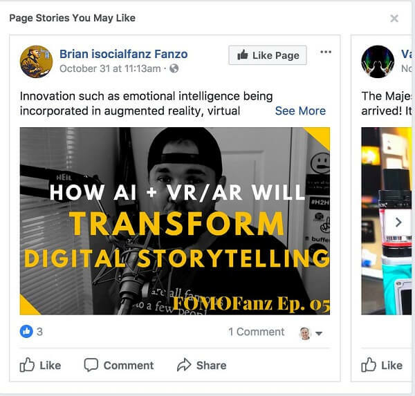 Facebook препоръчва „Истории на страници, които може да ви харесат“ между публикациите във вашата емисия новини.