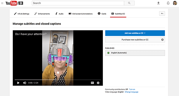 Наличните файлове с надписи за вашето видео в YouTube се намират в раздела „Публикувано“.