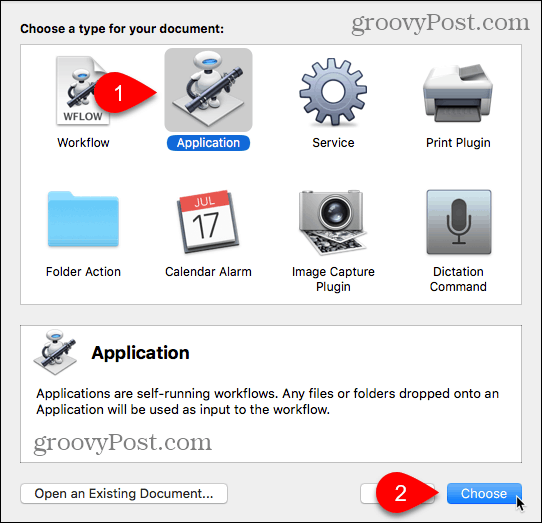 Изберете Тип на приложението в Automator за Mac