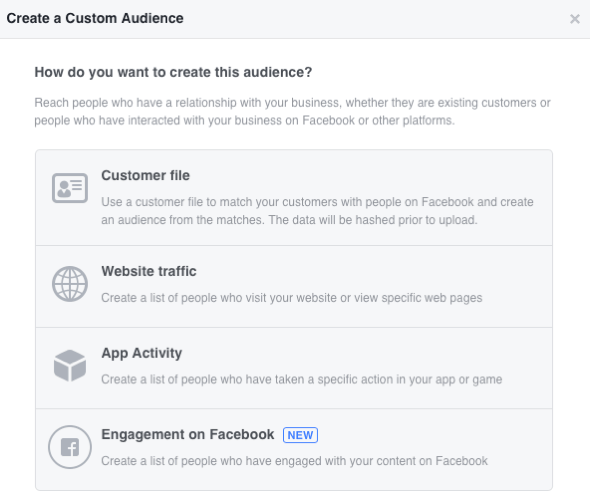 Изберете от четири категории потребителски аудитории във Facebook.