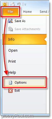 Файл> Опции в Outlook 2010