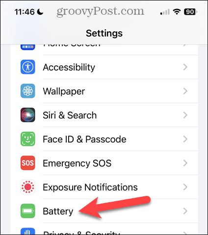 Докоснете Батерия на екрана с настройки на iPhone