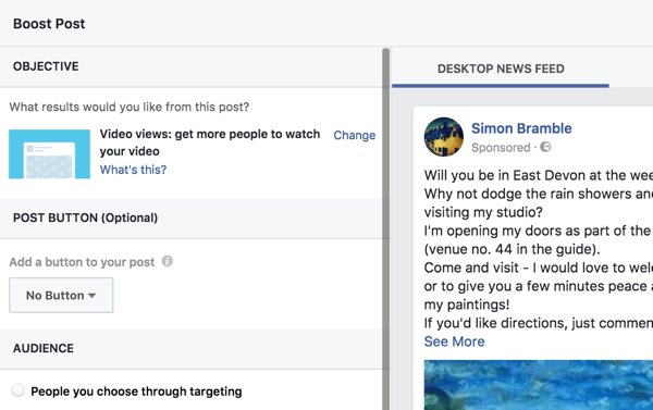 Facebook улеснява настройването на усилена публикация, като ви преведе през опциите.