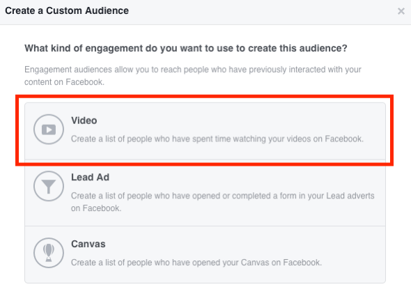 Изберете Video за вашата персонализирана видео аудитория във Facebook.