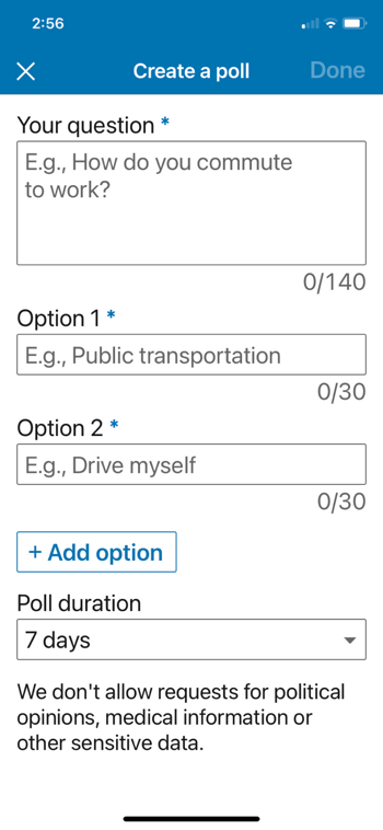 пример linkedin създаване на меню за анкета с опция за добавяне на въпрос, посочване на опции 1 и 2 и добавяне на допълнителни опции, заедно с задаване на продължителност за анкетата