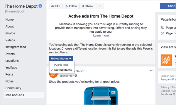 Изберете регион от падащото меню, за да видите всички реклами, които страницата на Facebook се показва в момента, или глобално, или в определена държава.
