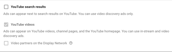 Как да настроите кампания за реклами в YouTube, стъпка 11, задайте опции за показване в мрежата